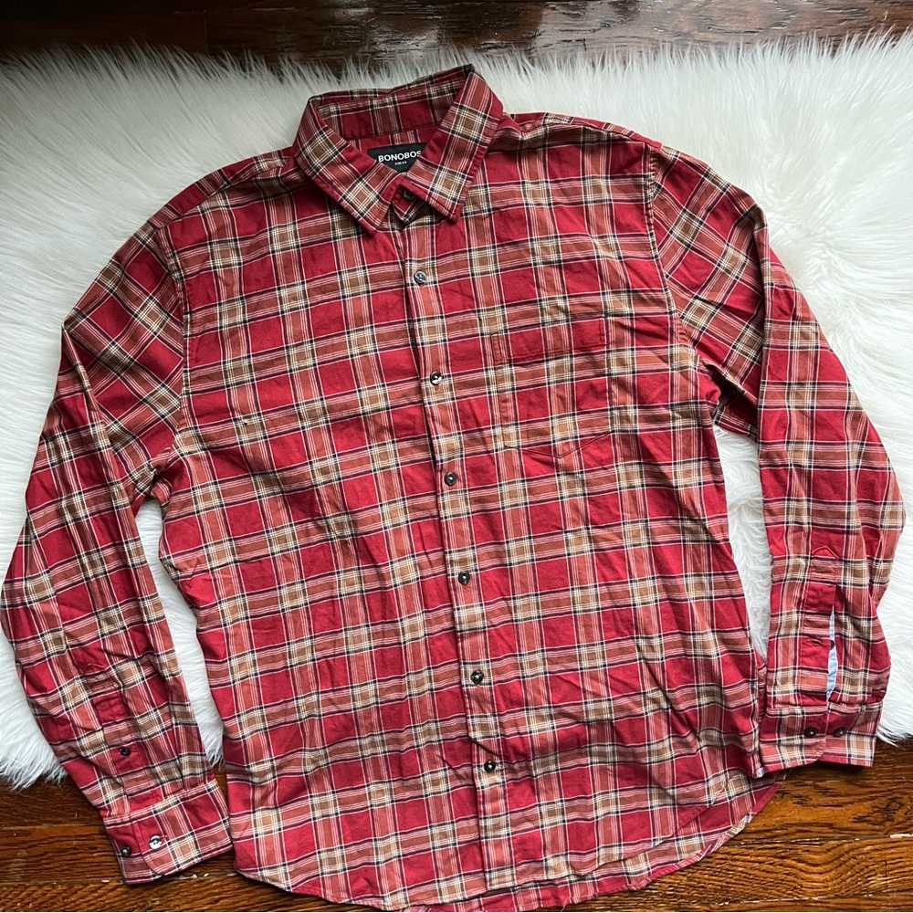 New Bonobos Long Sleeve Stretch Cotton Button Down Shirt Large Red Plaid